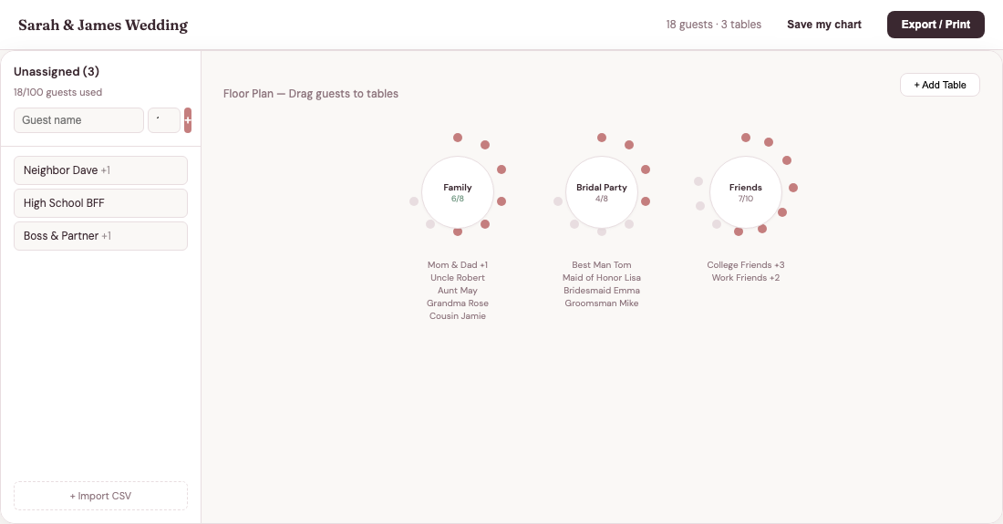 DearAisle seating chart editor showing drag-and-drop guest assignment to tables